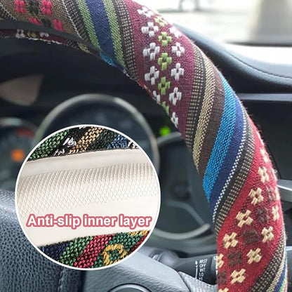 Boho Steering Wheel Cover for Women Men Baja Blanket Enthic Car Steering Wheel Cover Ethnic Car SUV Wheel Protector, Breathable, Anti-Slip, Odorless, Universal Fit 14.5-15 Inch