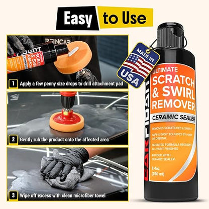 Carfidant Scratch and Swirl Remover - Car Scratch Remover for Vehicles Paint - Polishing Compound for Cars - Paint Restorer Kit with Pad, Microfiber and Drill Attachment