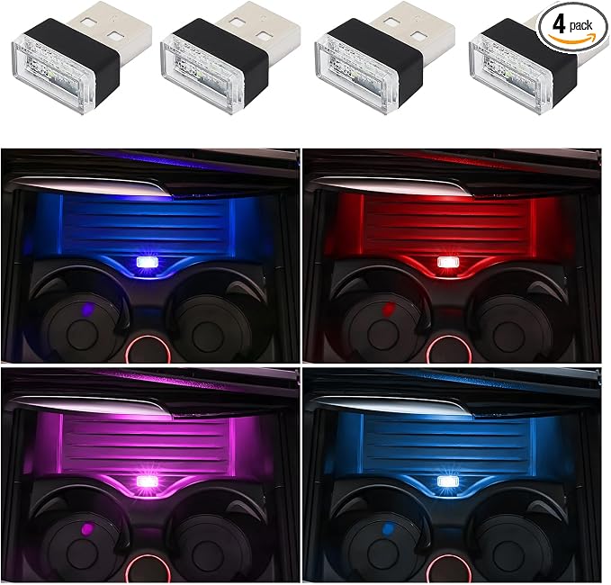 Dickno 4 PCS USB LED Car Interior Atmosphere Lamp, Portable Mini LED Night Light, Plug-in USB Interface Trunk Ambient Lighting Kit, Vehicle Interior Accessories (Pink+Blue+Red+Ice Blue)