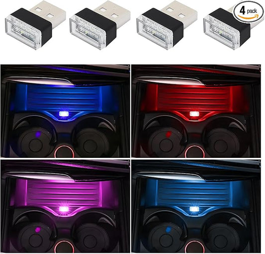 Dickno 4 PCS USB LED Car Interior Atmosphere Lamp, Portable Mini LED Night Light, Plug-in USB Interface Trunk Ambient Lighting Kit, Vehicle Interior Accessories (Pink+Blue+Red+Ice Blue)