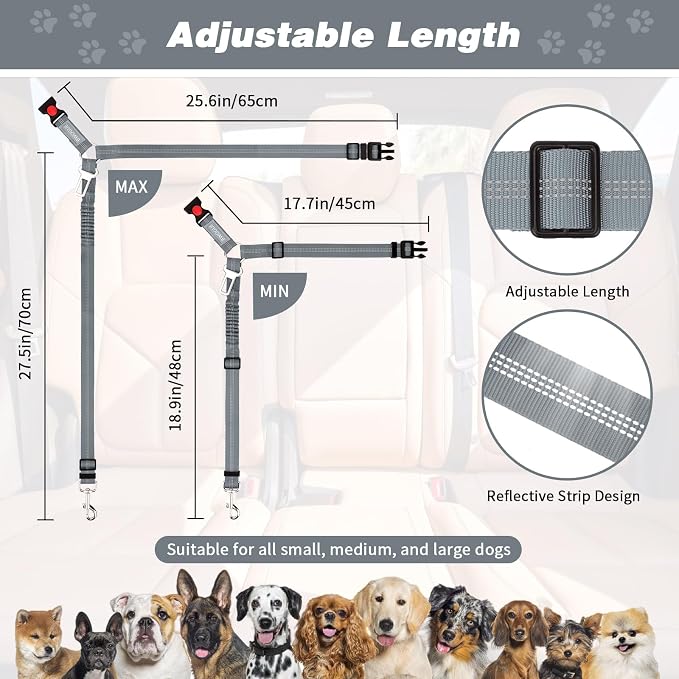 BWOGUE 2 Piece Dog Seat Belt for Car with Elastic Bungee Buffer Safety Seatbelt Car Headrest Restraint Wear Adjustable Metal Buckle Harness in Vehicle Travel for Pet
