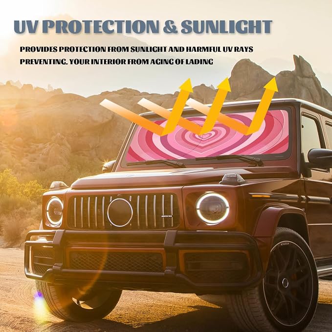 Heart Car Windshield Sunshades Pink, 59*31.5 Inches, UV Rays Sun Visor Protector for Car, SUV, Truck