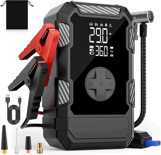 4000A Car Jumper Starter Portable with Air Compressor, 12V Battery Jump Starter with Tire Pump 150PSI for 10L Gas Diesel Engines, Car Battery Jumper Box Pack Combo with LED Light, Father Day Gift