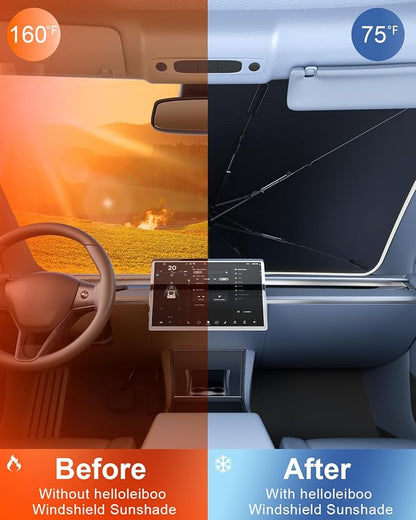helloleiboo Car Windshield Sun Shade Umbrella 57" x 32", Windshield Sun Shade Foldable with 5-Layer Thickened Vinyl Coating Reflective Heat & UV Protection Fits Most Sedans & Compact SUVs