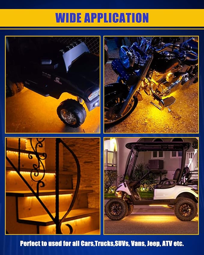 Amber Led Strip Lights,24inch 12V Interior Light Strip IP68 Waterproof Cuttable for Car Motorcycles Boat Golf Cart Truck Cargo Home Decoration with Strong Nano Tape(4PCS)
