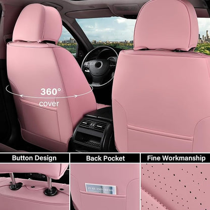 Coverado Car Seat Covers Full Set, 5 Seats Front Seat Cover and Back Seat Covers for Cars, Automotive Seat Covers Nappa Leather Waterproof Seat Covers, Car Seat Protectors Universal for Cars Pink