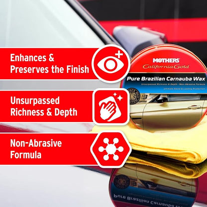 Mothers California Gold Pure Brazilian Carnauba Wax, 12 oz. Paste — Ultimate Wax System Step 3, Delivers Deep Shine & Long-Lasting Protection, Enhances Richness & Depth for All Paints (05550)