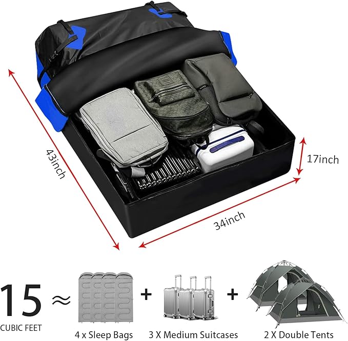 FORWODE 250LBS Universal Roof Rack Basket, 64"x39"x6" Rooftop Cargo Carrier Rack + Waterproof Cargo Bag 15 Cubic Feet(43"x34"x17") and Cargo Net, Ratchet Straps