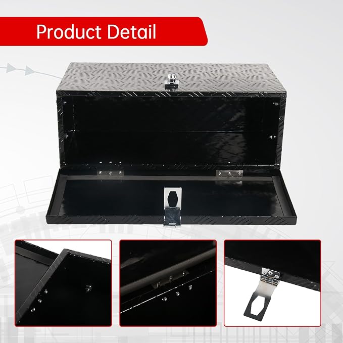 24'' Inch Stripes Plated ATV UTV Aluminum Tool Box Truck Bed Toolbox Waterproof Square Storage Organizer with Lock and Keys Black(‎24" L x 9.5" W x 12.5" H)