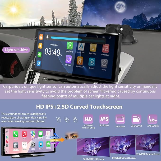 Carpuride Wireless Carplay & Android Auto with Dash Cam - 10.26 Inch HD IPS Touch Car Play Screen for Car, 4K Front & 1080P Rear Camera, Loop Recording, Bluetooth Audio, Mirror Link, GPS