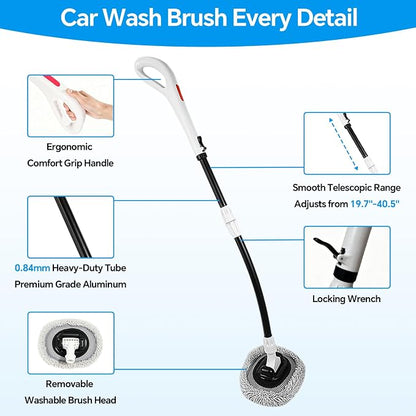 7-in-1, Car Wash Brush 15°Curved with 47" Long Handle and 90° Rotating Replaceable Brush Head, Car Wash Kit with Microfiber Towel and Tire Brush for Car, SUV, RV, Floor Cleaning-White.