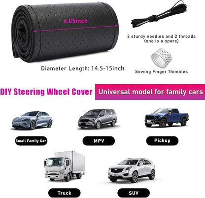 Ziciner Genuine Leather Steering Wheel Cover, Stitch on Wrap, Breathable Anti-Slip Car Steering Wheel Protector for Max Diameter 15 Inch, DIY Sewing with Needles Thread (Black, Hole)