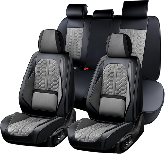 Huidasource Front and Back Seat Covers Universal Fit for Most Cars SUV Trucks, Leather Car Seat Covers Full Set 5 Seats, Full-Cover Pickup Truck Seat Cover with Lumbar Support, Black & Gray