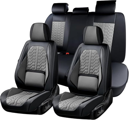 Huidasource Front and Back Seat Covers Universal Fit for Most Cars SUV Trucks, Leather Car Seat Covers Full Set 5 Seats, Full-Cover Pickup Truck Seat Cover with Lumbar Support, Black & Gray