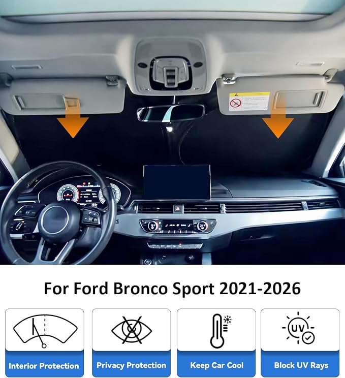 Windshield Sun Shade for Ford Bronco Sport 2021 2022 2023 2024 2025 2026 Accessories, Car Front Window Sun Visor & Heat Shield | 420D Sunshade Protection Blocks UV Rays Keep Your Car Cooler