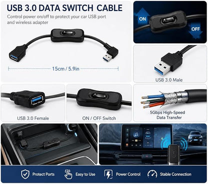 USB 3.0 ON/Off Switch Adapter for Wireless CarPlay | USB 3.0 switch adapter lets you turn compatible wireless CarPlay adapters on or off without unplugging