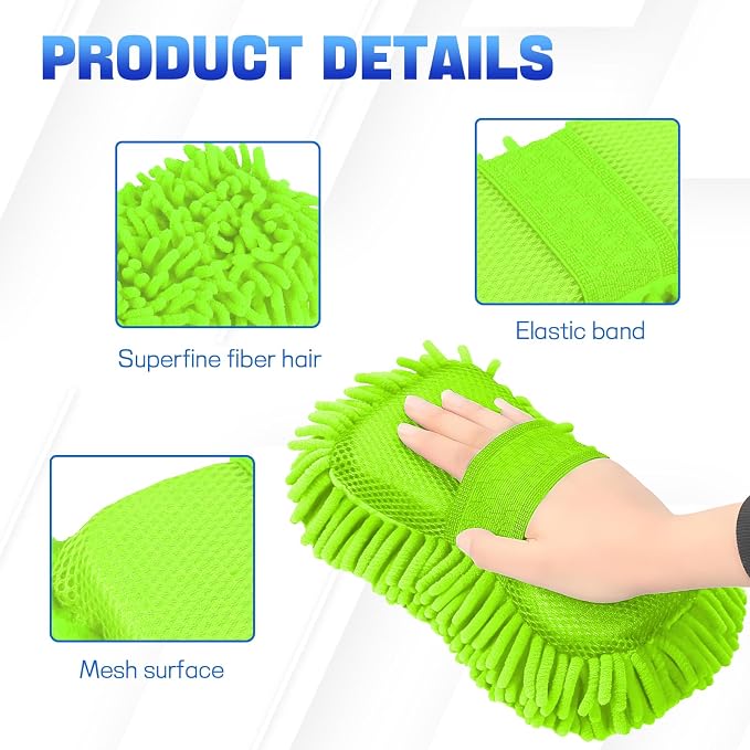 2PCS Microfiber Car Wash Sponge, Double Sided Chenille Microfiber Car Wash Mitt, Scratch Free & Lint Free, Absorbent Automotive Washing Sponges, Auto Cleaning Supplies (Fluorescent Green)