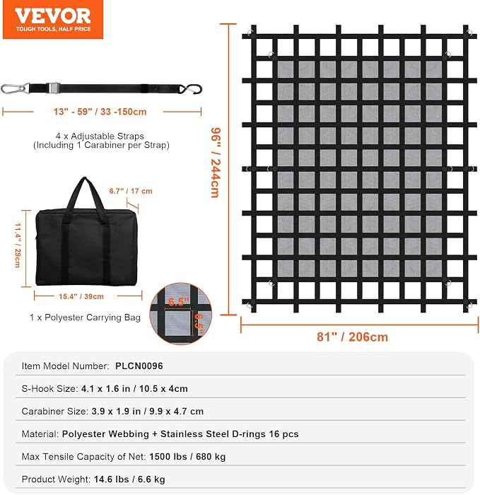VEVOR Cargo Net with Mesh, 96 in x 81 in, Heavy Duty Truck Cargo Net-(WLL) 1,500lbs, 4 Adjustable Straps with Carabiners & S-Hooks, Truck Bed Cover for Trailer, Pickup, Boat, Jeep, SUV 6.75' x 8'