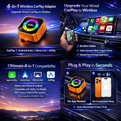 Bluradio 4-in-1 Wireless CarPlay & Android Auto Adapter | USB/USB-C plug and play adapter with Mirror Link and AirPlay for factory wired CarPlay and Android Auto cars