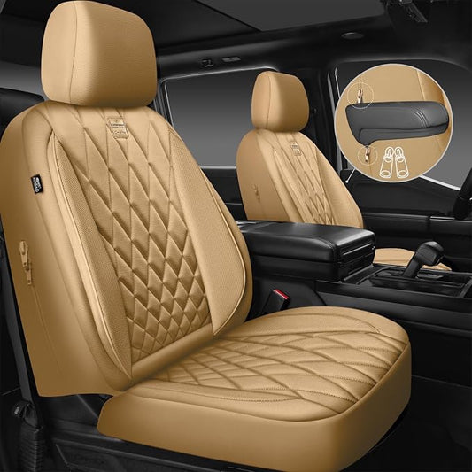 CAR PASS Piping Luxury Leather Seat Covers Full Set,5 Seats Leatherette Anti-Slip Waterproof Seat Covers Compatible with Front Armrests,Universal Fit for Suvs,Vans,Trucks,Airbag Compatible,Pure Beige