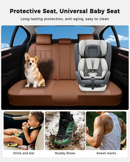 Huidasource Seat Covers Full Set, Universal Fit for Most Cars SUVs Trucks, Full Coverage Leather Automotive Seat Cover, Airbag, Cupholder Compatible, Seat Function Retain, Velcro Adjustable, Brown