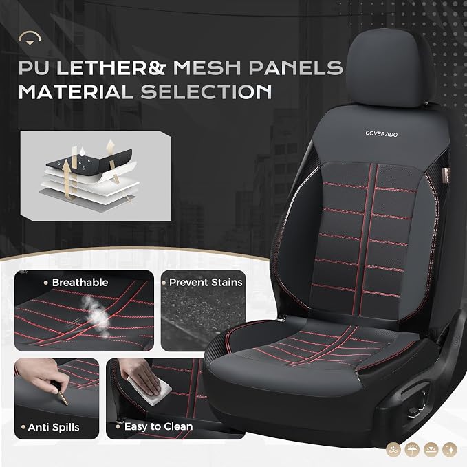 Coverado Rear Seat Covers Breathable Leather Waterproof Automotive Car Seat Cushion Protector Universal Fit for Most Cars SUV Trucks, Redline
