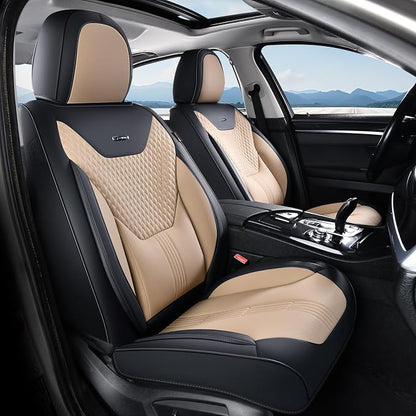 Coverado Car Seat Covers Full Set, Front Seat Covers with Lumbar Support and Back Seat Cover Waterproof Leather Automotive Seat Cover, Universal Car Interior Protectors Cushion for Most Cars