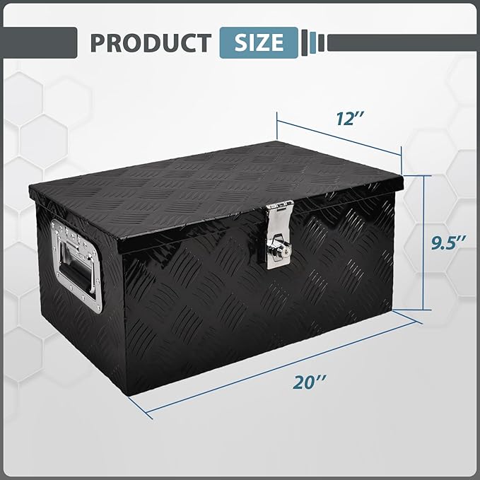 20 Inch Aluminum Truck Bed Tool Box, 5 Bar Tread Truck Tool Box with Lock&Keys, Heavy Duty Waterproof Flatbed tool box for Vans, Trailers, RVS，Trucks, Black(20"X12"X9.5")