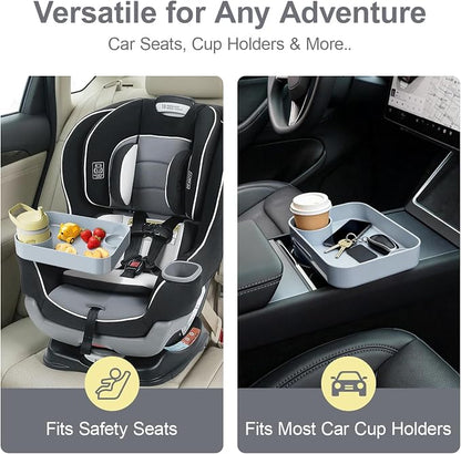 Car Seat Snack Tray for Toddlers - 3 Inch Cup Holder Fits Most Sippy Cups & Straw Bottles with Dip Well, Mess-Free Square Kids Travel Tray Road Trip Essentials, Grey
