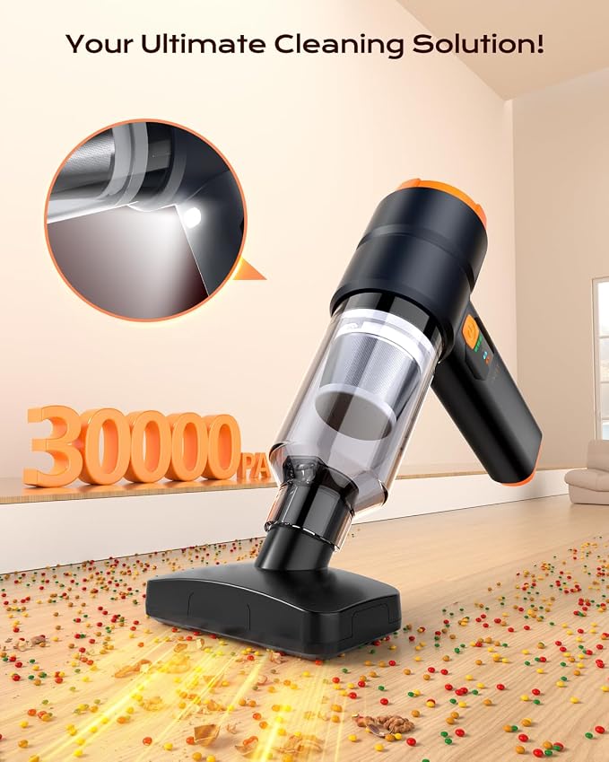 Portable Cordless Car Vacuum,4-in-1 Handheld Cordless Vacuum with 30000Pa Suction, 130000 RPM,6800mAh Battery,10 Nozzles,Rubber Paint Material for Car,Home,Birthday Gifts for Men Dad Husband(Black)