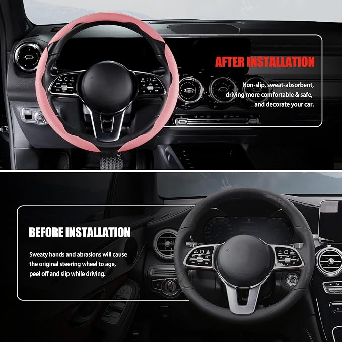 Nappa Leather Car Steering Wheel Cover for Men Women, Ultra-Thin Non-Slip Breathable Microfibre, Universal for 14.5"-15" Steering Wheel - Pink