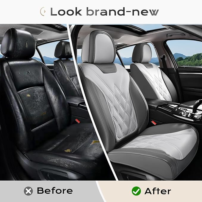 Coverado Car Seat Covers Full Set, Seat Covers for Cars, Front Seat Covers and Back Seat Cover Waterproof Leather Automotive Seat Cover, Universal Car Interior Protectors for Most Cars Light_Gray
