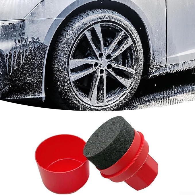 Wheel Tire Sponge Brush for Car Polishing and Waxing with Protective Lid, Featuring Curved and Flat Shape Applicators (Red trim)