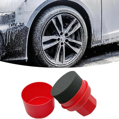 Wheel Tire Sponge Brush for Car Polishing and Waxing with Protective Lid, Featuring Curved and Flat Shape Applicators (Red trim)