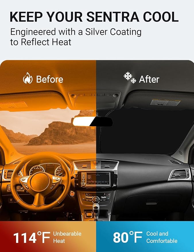 Proadsy 2026 Upgrade Front Windshield Sun Shade Foldable Sunshde Protector Custom Fit 2013-2019 Nissan Sentra S, SV, SR, Sedan Accessories