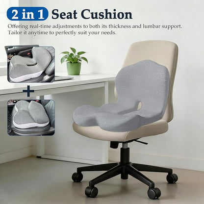 Ergonomic Memory Foam Seat Cushion, Lumbar Support Non Slip for Truck Driver Long Driving Office Chair Back Tailbone Pain Relief Grey