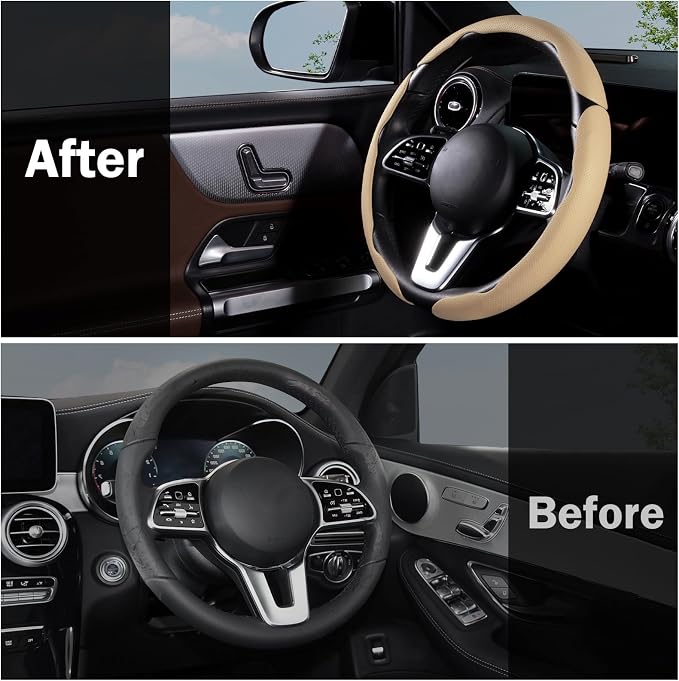 Car Steering Wheel Cover Leather Snap On 3Pcs Set Non-Slip Protector Wrap Steering Wheel Accessories 14.5-15 inch Universal Beige