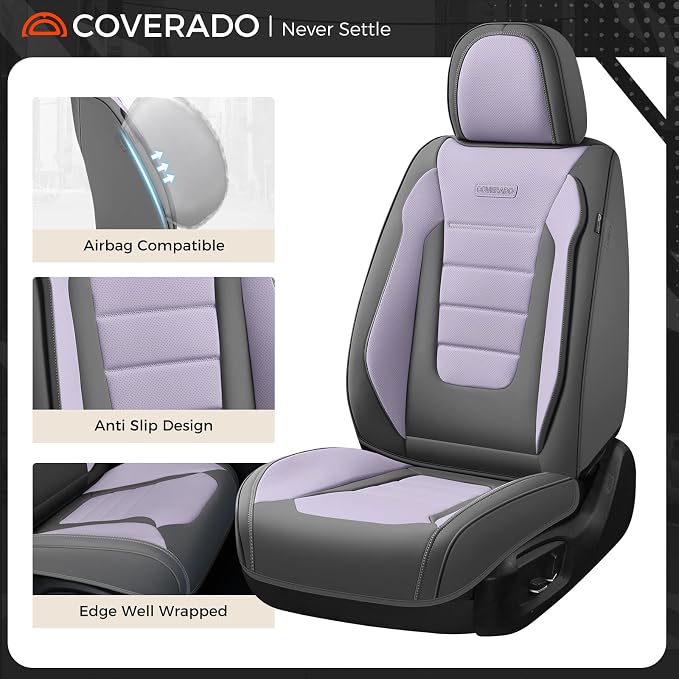Coverado Car Seat Covers Front, Seat Covers for Cars, Waterproof 2-Pack Car Seat Cushions, Leather Carseat Seat Protectors, Universal Seat Covers Fit for Most Sedans SUV Pick-up Trucks(Gray&Purple)