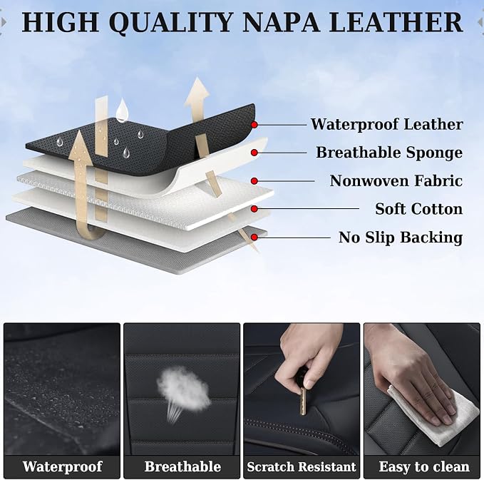 Coverado Seat Covers Full Set, Car Seat Cover Black, Seat Covers for Cars, Car Seat Protector, Nappa Leather Car Seat Cushion, Waterproof Car Seat Covers Front Seats and Back Fit for Most Cars