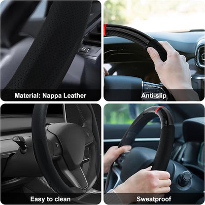 Frani Nappa Leather Steering Wheel Cover,Universal Fit 15 Inch-Premium Non-Slip Breathable Comfort Grip for Cars Trucks SUVs,Anti-Slip Durable Interior Upgrade Sporty