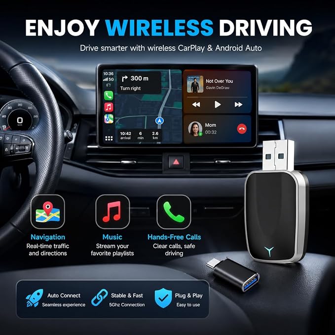Mini Wireless CarPlay Adapter, Plug & Play Dongle, Low Latency & Stable Connection, Convert Wired to Wireless CarPlay, USB-A/C Compatible, for iPhone iOS 10+ & 2016+ Cars