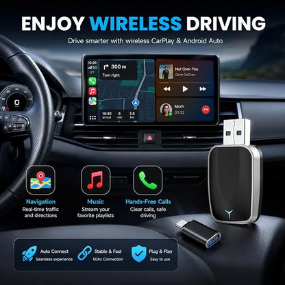Mini Wireless CarPlay Adapter, Plug & Play Dongle, Low Latency & Stable Connection, Convert Wired to Wireless CarPlay, USB-A/C Compatible, for iPhone iOS 10+ & 2016+ Cars