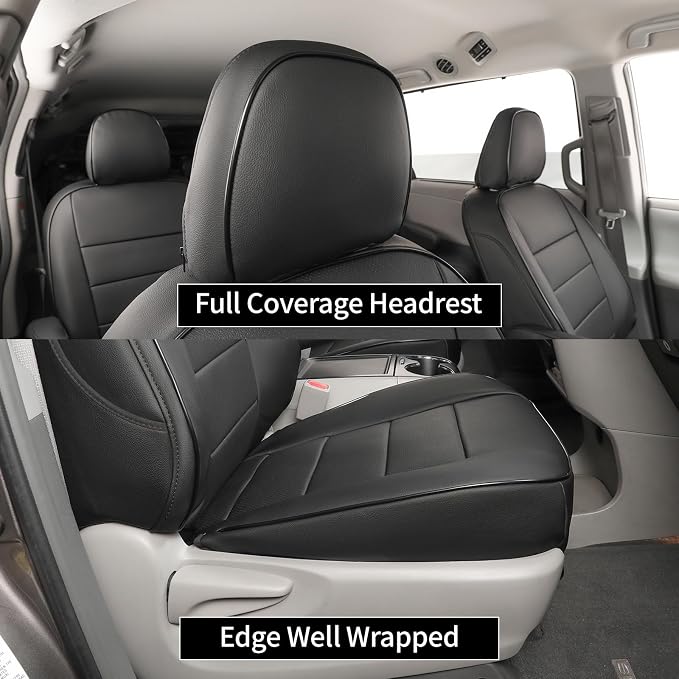 EKR Sienna Seat Covers for 2011-2020 Toyota Sienna L,LE,XLE,Limited,7 Seats,2nd Row Captain Seats W/NO Legrest,Waterproof Car Seat Cover Full Set,Car Seat Protectors- Three Row,Leather(Black)