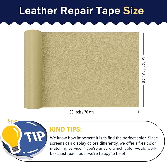 Zenyao Leather Repair Patch Tape - Self Adhesive Leather Repair Kit for Car Seat Furniture, Heavy Duty Vinyl Repair Patch for Couch Sofa, Waterproof Fix for Tears, 16x30 Inch Roll, White Khaki