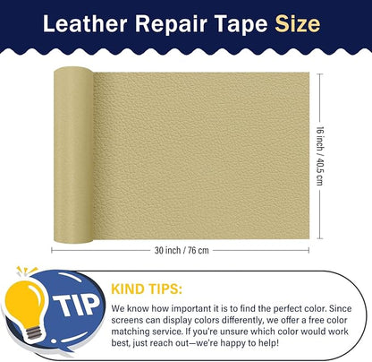 Zenyao Leather Repair Patch Tape - Self Adhesive Leather Repair Kit for Car Seat Furniture, Heavy Duty Vinyl Repair Patch for Couch Sofa, Waterproof Fix for Tears, 16x30 Inch Roll, White Khaki