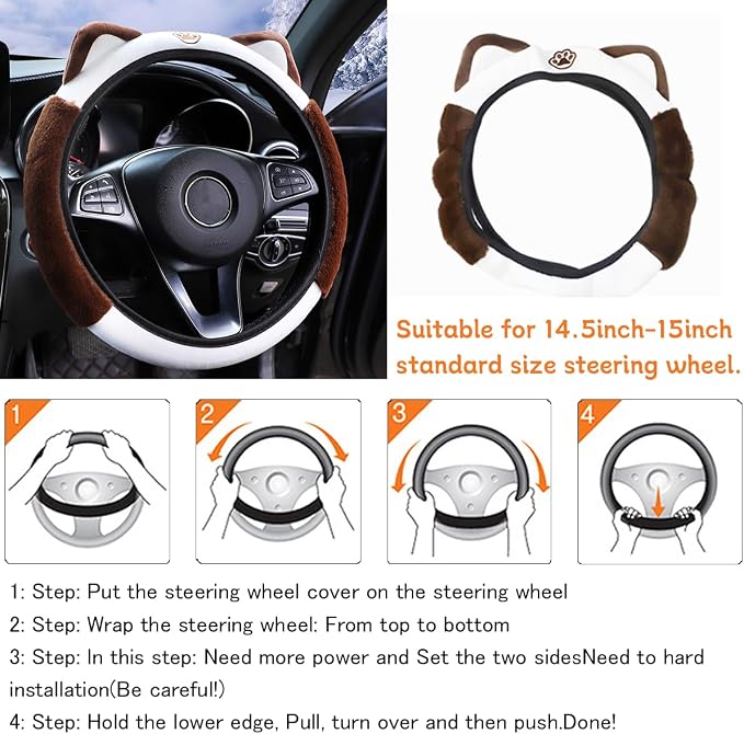 Bittwee Car Steering Wheel Cover, Fluffy Soft Plush for Winter Warm, Cute Steering Wheel Protector with Kitty Cat Ears, Universal 15 Inch, Elastic & Anti-Slip, Lovely Decor Car Accessories (Coffee)