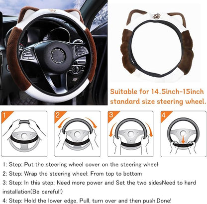 Bittwee Car Steering Wheel Cover, Fluffy Soft Plush for Winter Warm, Cute Steering Wheel Protector with Kitty Cat Ears, Universal 15 Inch, Elastic & Anti-Slip, Lovely Decor Car Accessories (Coffee)
