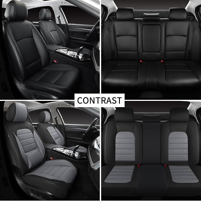Car Seat Covers Full Set, Universal Leather Seat Covers for Cars, Breathable & Waterproof Automotive Seat Cover for Most Sedans, SUVs, Trucks, Full Coverage Seat Protector, Black Gray