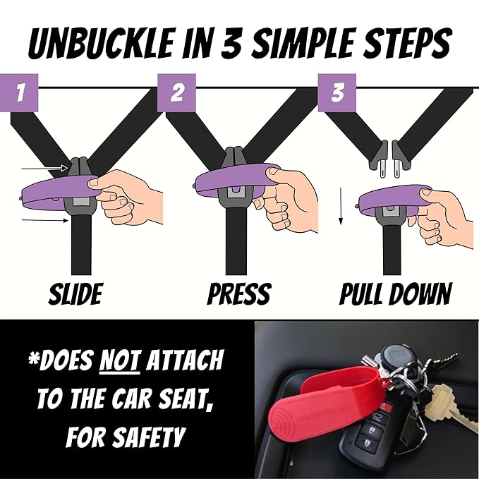 UnbuckleMe Car Seat Buckle Release Tool - Easy Opener Aid for Arthritis, Long Nails, Older Kids - Button pusher for infant, toddler, convertible 5 pt harness car seats - As Seen on Shark Tank (Purple)