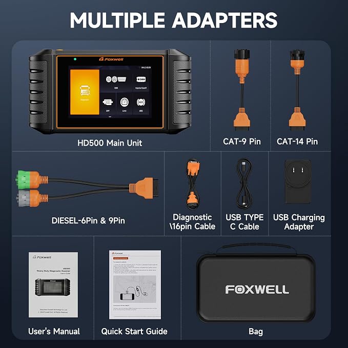 FOXWELL Heavy Duty Truck Scanner - HD500 Diesel Scaner Diagnostic Tool with DPF Regeneration/Injector Cutoff, fit for Cummins, Detroit, Caterpillar, Paccar, Hino, Lifetime Free Update, Orange